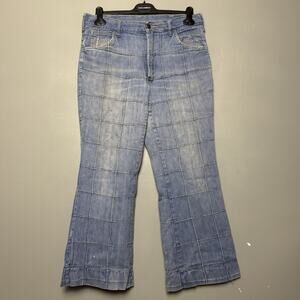 Vintage 70’s Window Pane Women’s Denim Jeans Flare Pants Hippie Disco
